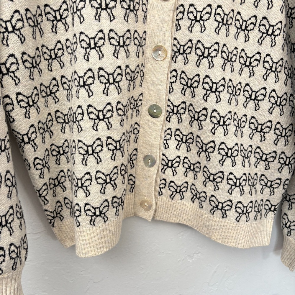 ICHI Ihbrielle Knit Cardigan Women Size Medium Bows Beige Black Button Up - Picture 7 of 15